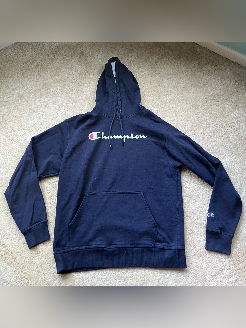 Champion Navy Blue Fleece Pullover Logo Hoodie w/ Drawstring - Adult L - VGUC